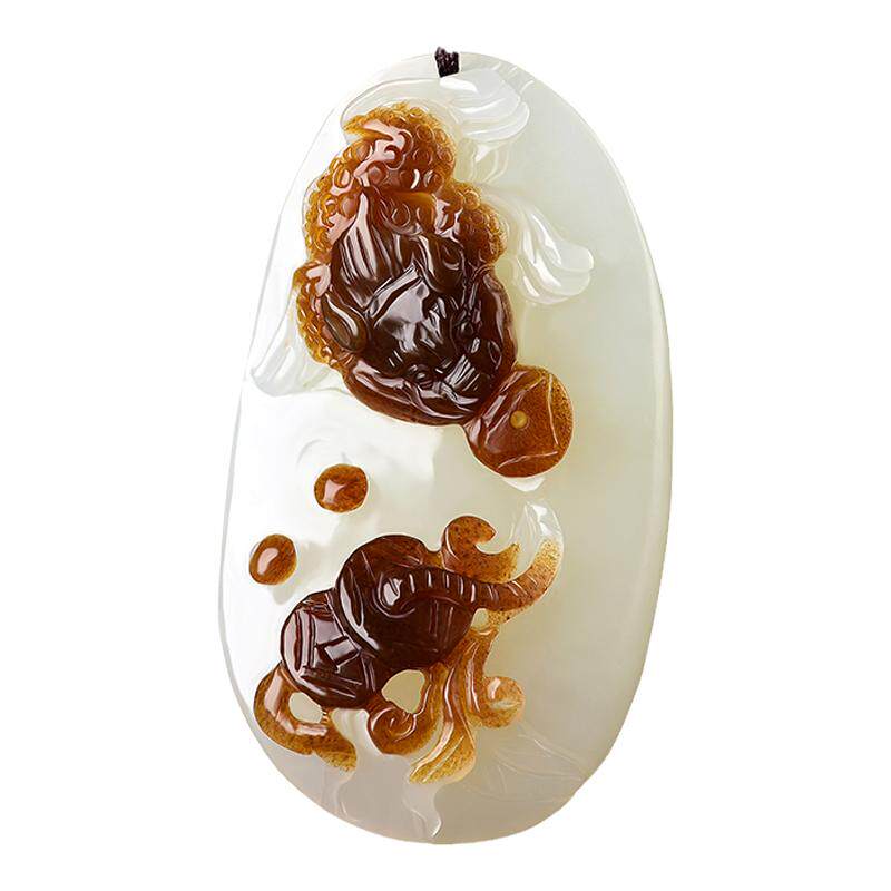 新疆和田玉原皮籽料金蟾吊坠正品
