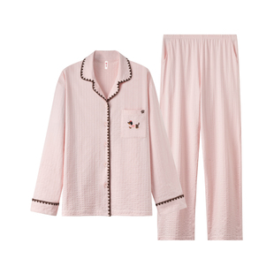 芬腾女士睡衣春秋季纯棉开衫长袖套装简约时尚休闲大码家居服春天