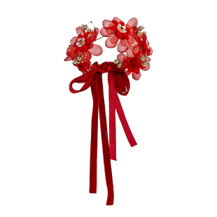 新年儿童红色花朵编发头箍女童不勒头喜庆发饰公主蝴蝶结流苏头饰