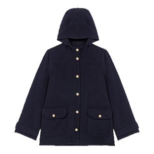 季末7折Maje2025秋冬新款女装法式羊毛混纺蓝色连衣帽双口袋外套