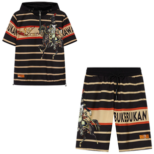 BM夏季套装男潮流帅气欧货条纹印花高端t恤男士短袖短裤潮牌百搭