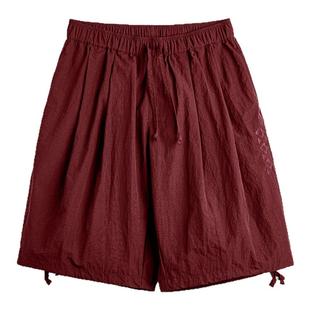 马登工装美式纳瓦霍刺绣短裤宽松红色肌理感沙滩薄款五分裤男夏季
