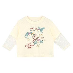 大耳象女童蕾丝袖印花T恤2026春夏新款宝儿假两件休闲百搭上衣