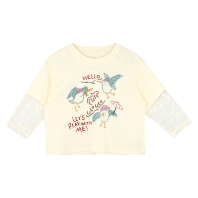 大耳象女童蕾丝袖印花T恤2026春夏新款宝儿假两件休闲百搭上衣