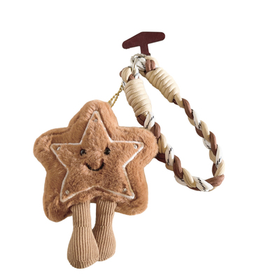 毛绒棕色星星饼干大公仔手机壳挂件多功能手机链编织带尼龙短款挂绳趣味卡通ins可爱女款学生包挂饰钥匙挂链