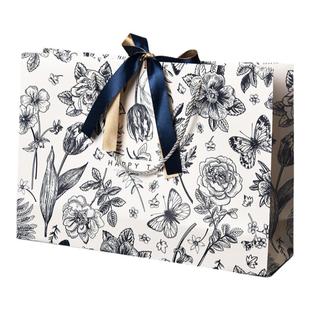 蓝色繁花礼品袋花色纸袋包装袋配丝带节日送礼礼物袋服装伴手礼袋