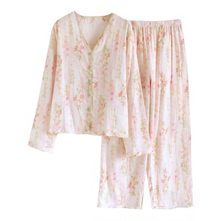 纯棉纱布睡衣女春秋甜美木耳边长袖V领夏季薄款家居服套装可外穿