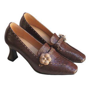 奈里法式复古棕牛皮山茶花中古高跟鞋酒杯跟方头中深口40旗袍单鞋