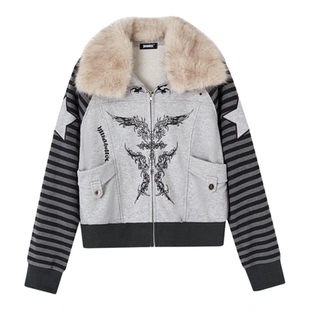 YUKAHOUSE原创亚比Y2K毛领开衫卫衣女酷宽松街头上衣拼接外套秋冬