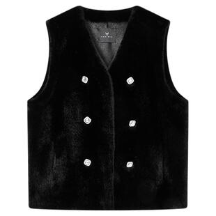 佧茜文高定奢感V领马甲2025冬季新款简约立体闪钻装饰扣叠穿上衣