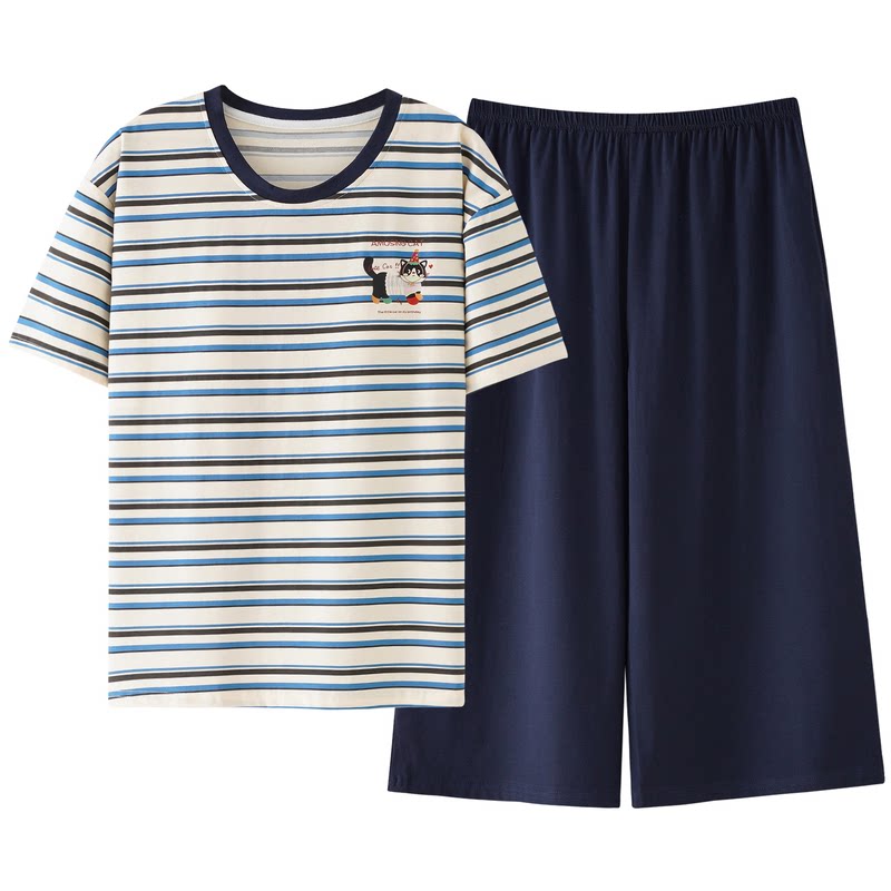 条纹带胸垫纯棉短袖七分裤睡衣套装女夏季俩件套女士家居服