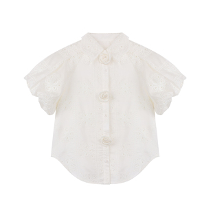 SourceWithU 勃艮第白 20天丝镂空刺绣花朵花苞袖衬衫法式短袖女