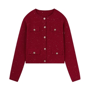 秋水伊人小香风安可拉红针织开衫上衣女2025秋新款女圆领红色毛衣