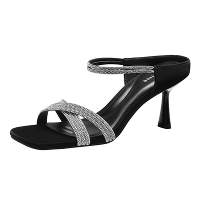 达芙妮一字带水钻高跟凉拖鞋细跟