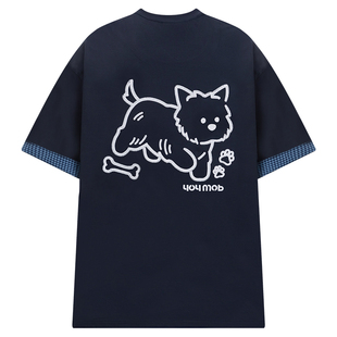 404MOB凉感防晒拼接撞色刺绣小狗短袖T恤男女款国潮宽松情侣上衣t