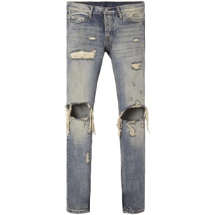 Mnml FOG风格破坏破洞侧拉链流行百搭修身小脚蓝色牛仔裤男现货
