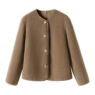 班尼路S&K咖色摇粒绒外套女秋冬季2025新款小香风上衣开衫夹克H