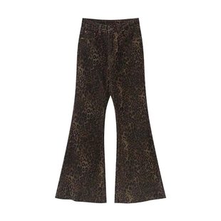 高腰豹纹微喇牛仔裤女2025冬季新款潮流百搭显高显瘦弹力喇叭长裤