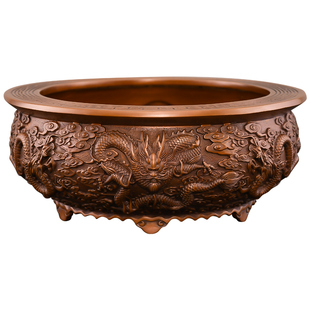 紫铜聚宝盆摆件实心沈万三同款招聚客厅八方来财铜制九龙铜缸大号