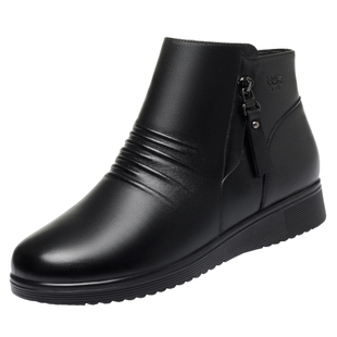 木林森妈妈鞋真皮棉鞋女冬季防滑软底短靴羊毛保暖皮鞋中老年女鞋