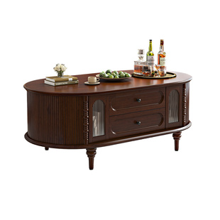 淘美庭中古风茶几法式复古全实木储物家用客厅美式椭圆形茶几组合