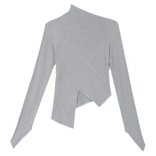 PAPERLLL辛间不规则下摆破缝拼接上衣女弹力斜领设计感修身针织衫