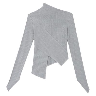 PAPERLLL辛间不规则下摆破缝拼接上衣女弹力斜领设计感修身针织衫