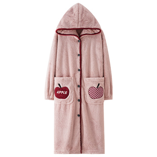 珊瑚绒睡袍女士秋冬季加绒加厚连帽长袍浴袍长款法兰绒睡衣家居服