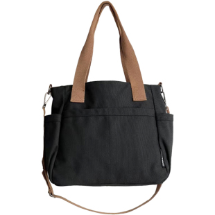 原创自制多口袋拉链通勤加厚帆布托特百搭文艺学生单肩斜挎帆布包