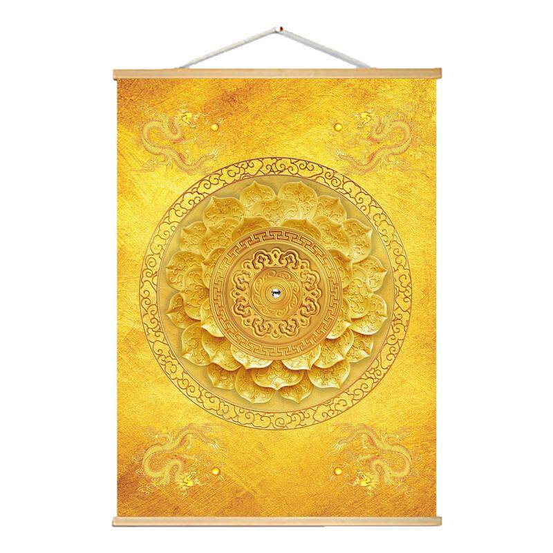 金色莲花佛堂背景实木挂画禅意佛堂玄关字画寺庙禅室装饰挂画定制