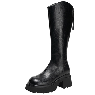 【徐艺真同款】千百度厚底手抓皮骑士靴女2025冬季新款瘦瘦靴长靴