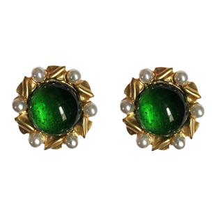 中古绿~复古法式珍珠绿琉璃耳夹耳环女 高级感大耳钉优雅港风欧美