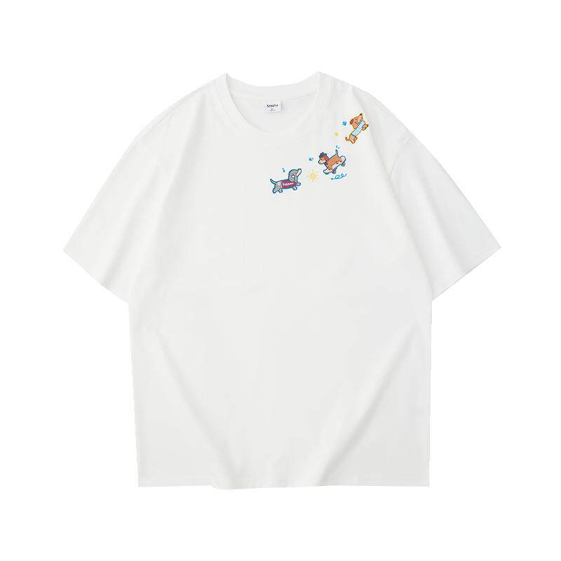 三福2026夏季短袖t恤男趣味小狗图案休闲圆领重磅宽松半袖打底衫