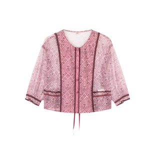 一城画一夏季通勤短款衬衫印花网纱拼接七分袖外披上衣