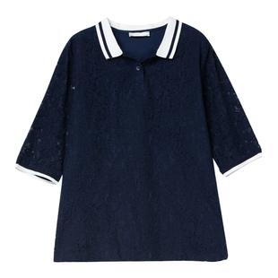 妈妈蕾丝上衣女半袖夏季新款加肥加大码宽松中年休闲翻领短袖t恤
