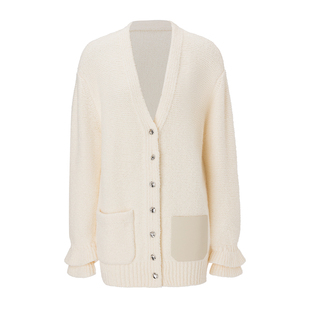 EVAOUXIU秋冬厚外套V领设计艺术扣简约气质通勤毛衣开衫