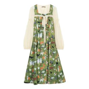 KEIKO 薄荷曼波油画碎花长袖连衣裙春夏法式假日出游方领显瘦长裙