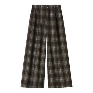 时尚复古毛呢格子阔腿裤女2025秋冬高腰显瘦小个子休闲直筒七分裤