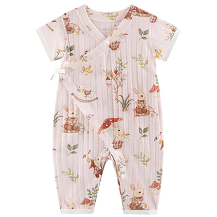 婴儿连体衣短袖长裤夏季薄款宝宝半袖睡衣纯棉a类空调服小月龄