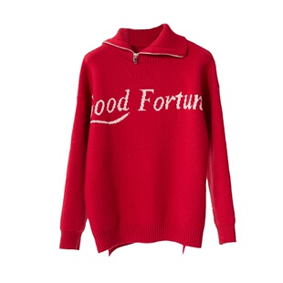 VCR STUDIO 正红色字母毛衣女秋冬针织衫圣诞显白设计感拉链翻领