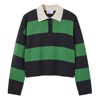 BLUE ERDOS 春季新品复古学院风Polo领绿灰条纹女套衫B256D0008