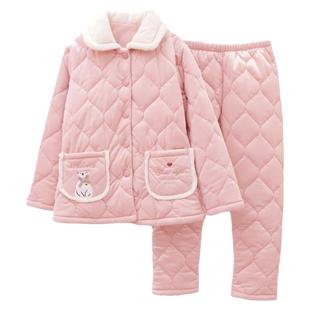 特价安之伴珊瑚绒夹棉加厚睡衣女冬季宽三层加绒家居服套装加大码