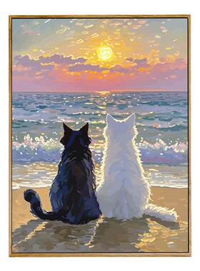 丙烯卡通海边猫咪背影数字油画