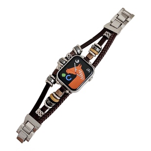 适用苹果iwatch9表带s10苹果新款手表带波西米亚风s8串珠手镯编织皮质表带手串珠apple watch11高级金属男女