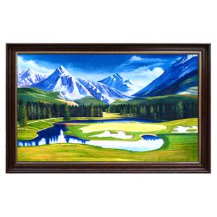 手绘高尔夫球场绿色草原雪山油画大幅壁画横版休闲装饰画卓克风景
