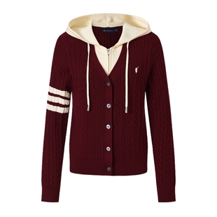 POLOWALK女士长袖针织衫2026春季新品时尚假两件撞色拼接针织外套