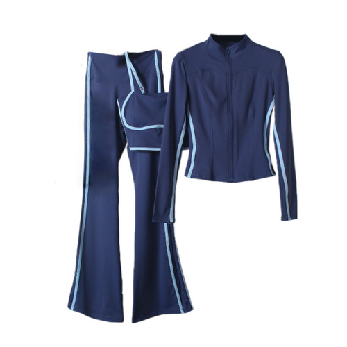 瑜伽服运动套装女秋冬款高腰喇叭裤显瘦舞蹈晨跑步紧身拉链三件套