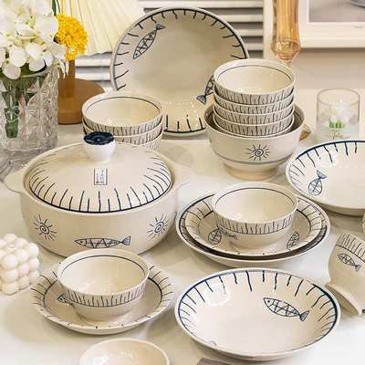 日式简约碗碟套装蓝色线条具盘子碗饭碗陶瓷碟餐具奢高级组合感轻