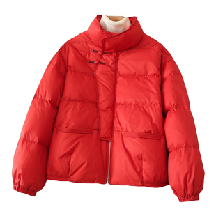 红色年货羽绒服女短款2026新显瘦立领盘扣韩版白鸭绒保暖外套上衣