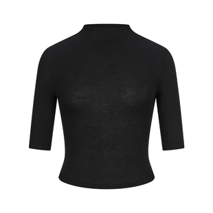 MosesQueen魔西女王黑色半高领短袖t恤中袖紧身露脐短款半袖上衣